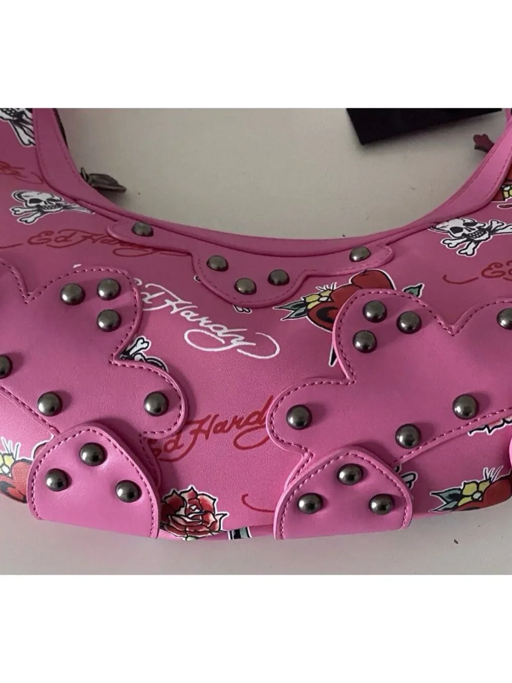 Ed Hardy Pink Hobo Shoulder Bag Studded Heart Rose Skull Cross Charms NEW‎